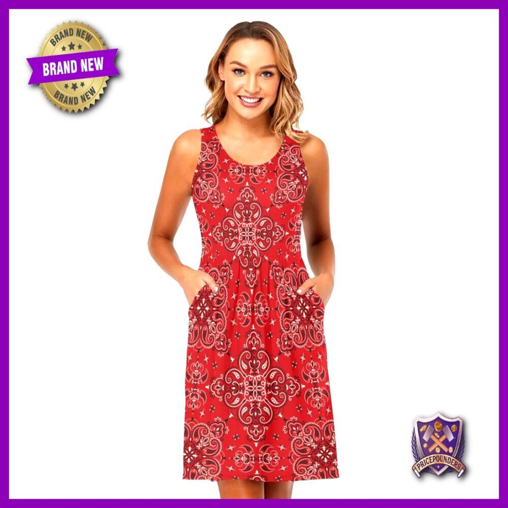 Sleeveless Summer Dress Paisley Bandana Boho Chic Casual with Pockets